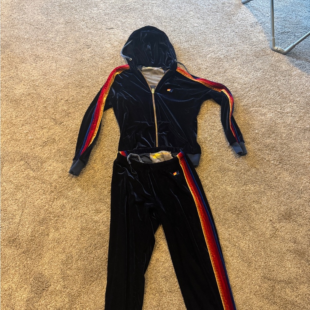 Aviator Nation Blue Velvet Track Jacket & Joggers with Rainbow Stripe